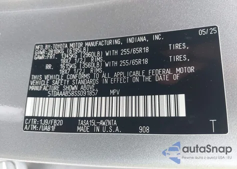 2025 Toyota Grand Highlander Le z USA, uszkodzony, nr VIN 5TDAAAB58SS091857